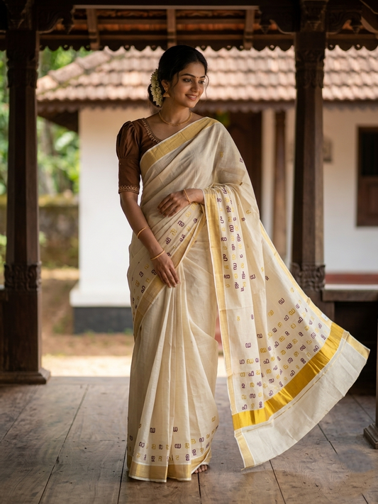 Southloom Kerala Tissue Kasavu Saree with Brown and Gold Malayalam Aksharamala Embroidery Work on Body
