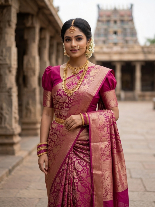 Southloom Pure Handloom Bridal Kanchipuram Silk Saree with Korvai Work (Magenta)