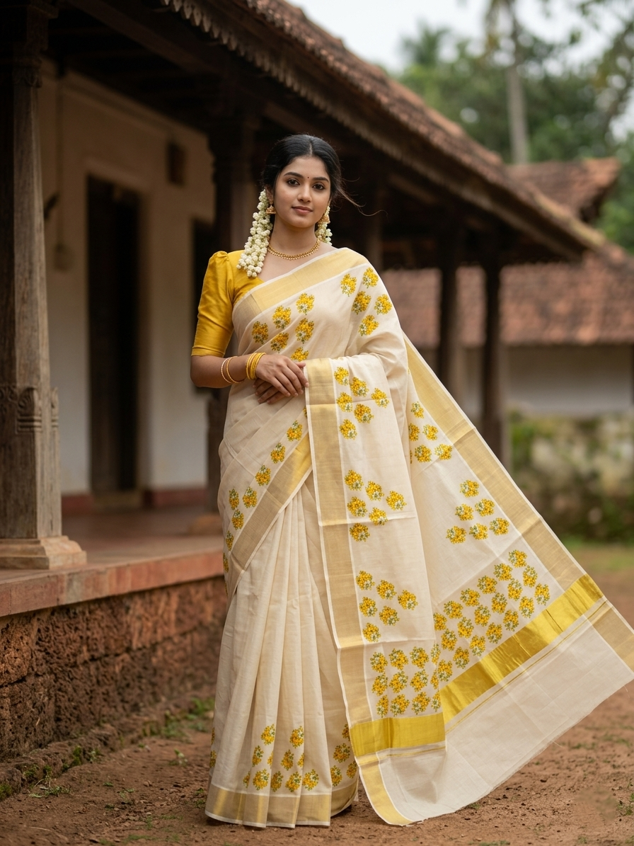 Kerala Tissue Kasavu Saree with Floral Prints on Body and Kasavu Border SL257