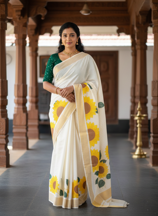 Southloom Kerala Cotton Kasavu Lines Saree with Embroidery Work in Yellow Floral Print
