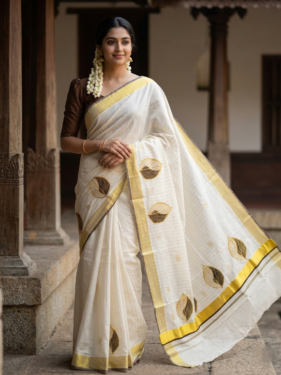 Southloom Kasavu Lines Saree with High Quality Embroidery Work in Kasavu and Brown
