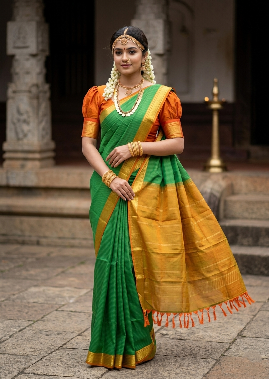 Southloom Pure Handloom Bridal Kanchipuram Silk Saree with Korvai Work (Green)