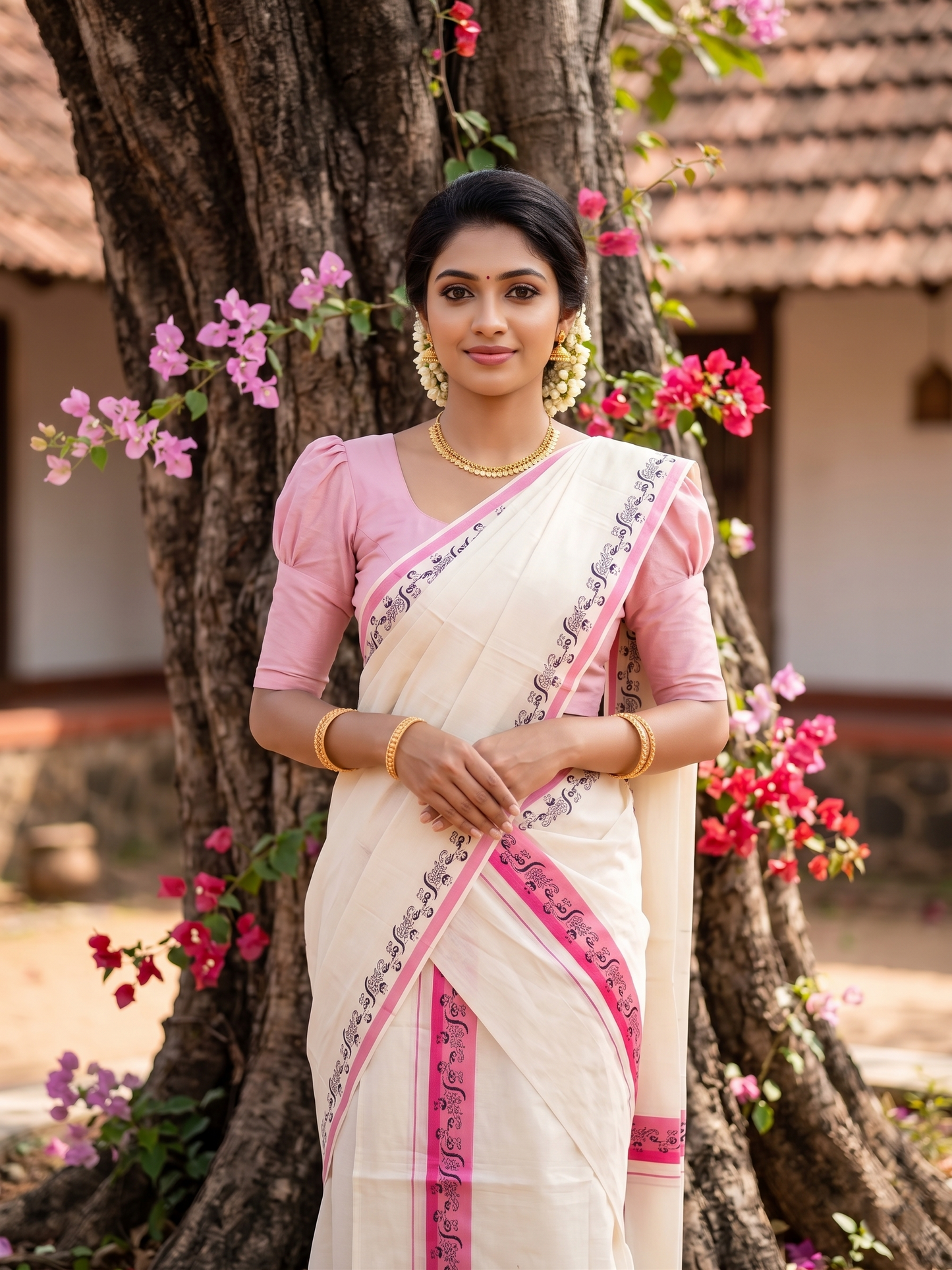 Southloom Kerala Mulloth Cotton Single Mundum Neriyathum with Digital Prints in Pink 2.80 Mtrs SL378