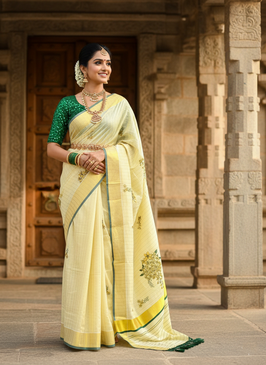 Southloom Kerala Tissue Kasavu Lines Saree with Kanikonna Floral Embroidery Designs on Body