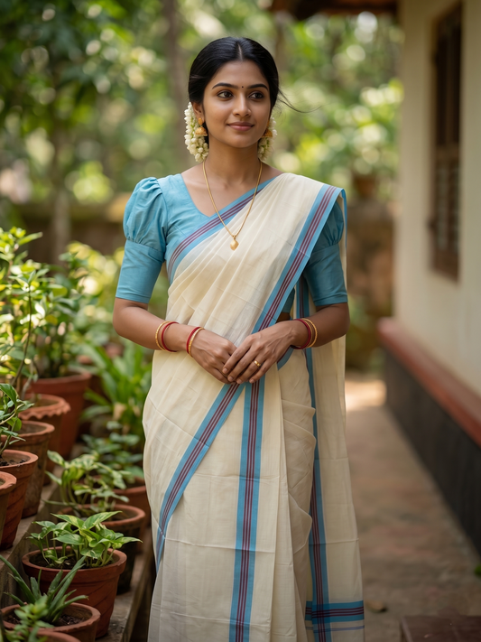 Southloom Kerala Mulloth Cotton Single Mundum Neriyathum with Multicolor Border In 2.80 Mtrs SL243