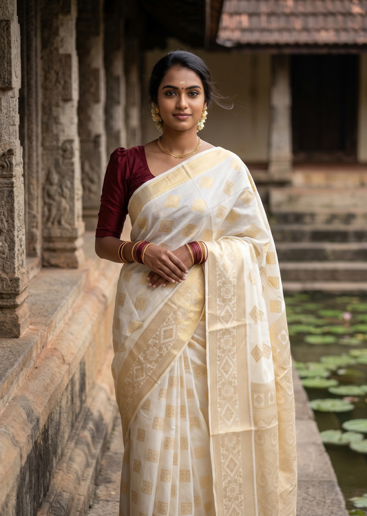 Southloom Pure Cotton Kerala Kasavu Heavy Work Saree with Floral Woven Design on Body and Temple Border SL485