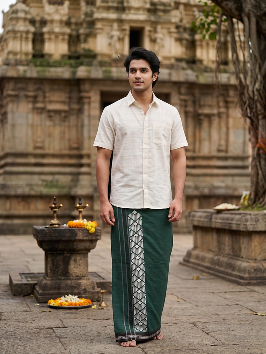 Southloom Green Printed Single Mundu / Otta Mundu / Lungi (South Indian Kerala Dhoti)