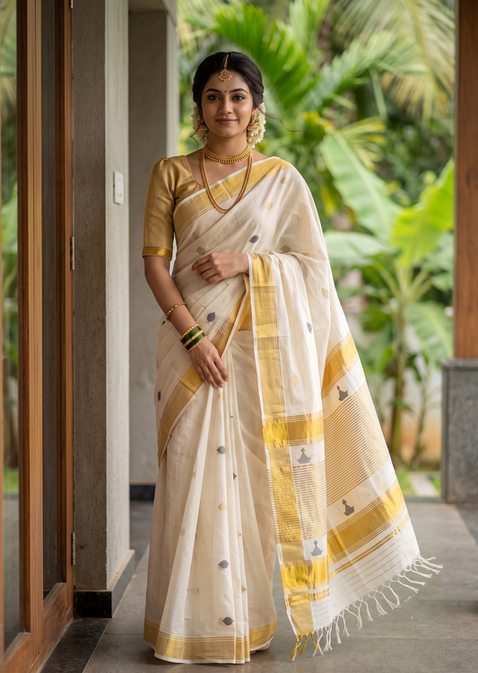 Southloom Super Premium Balaramapuram Handloom Cotton Saree With Butta Works on Body and Vilaku design on pallu