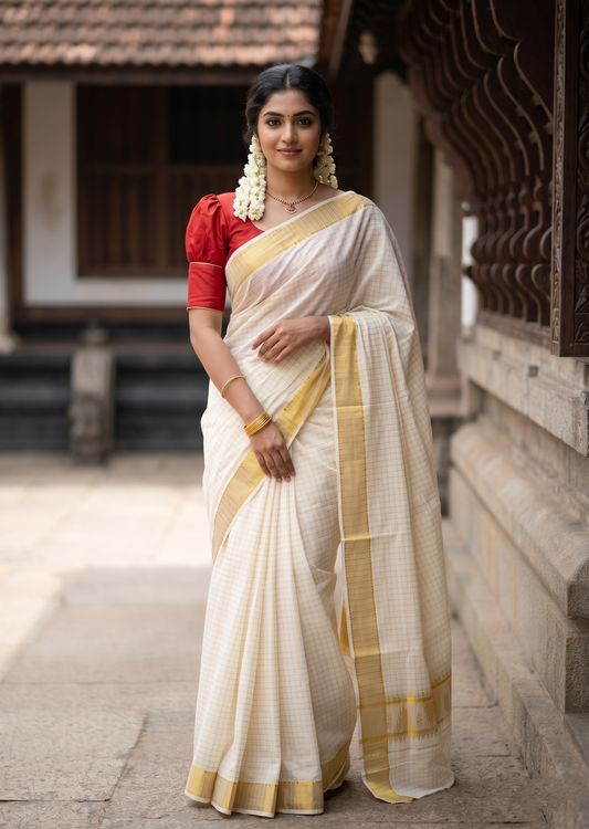Southloom Pure Cotton Kerala Kasavu Check Saree with Woven Work