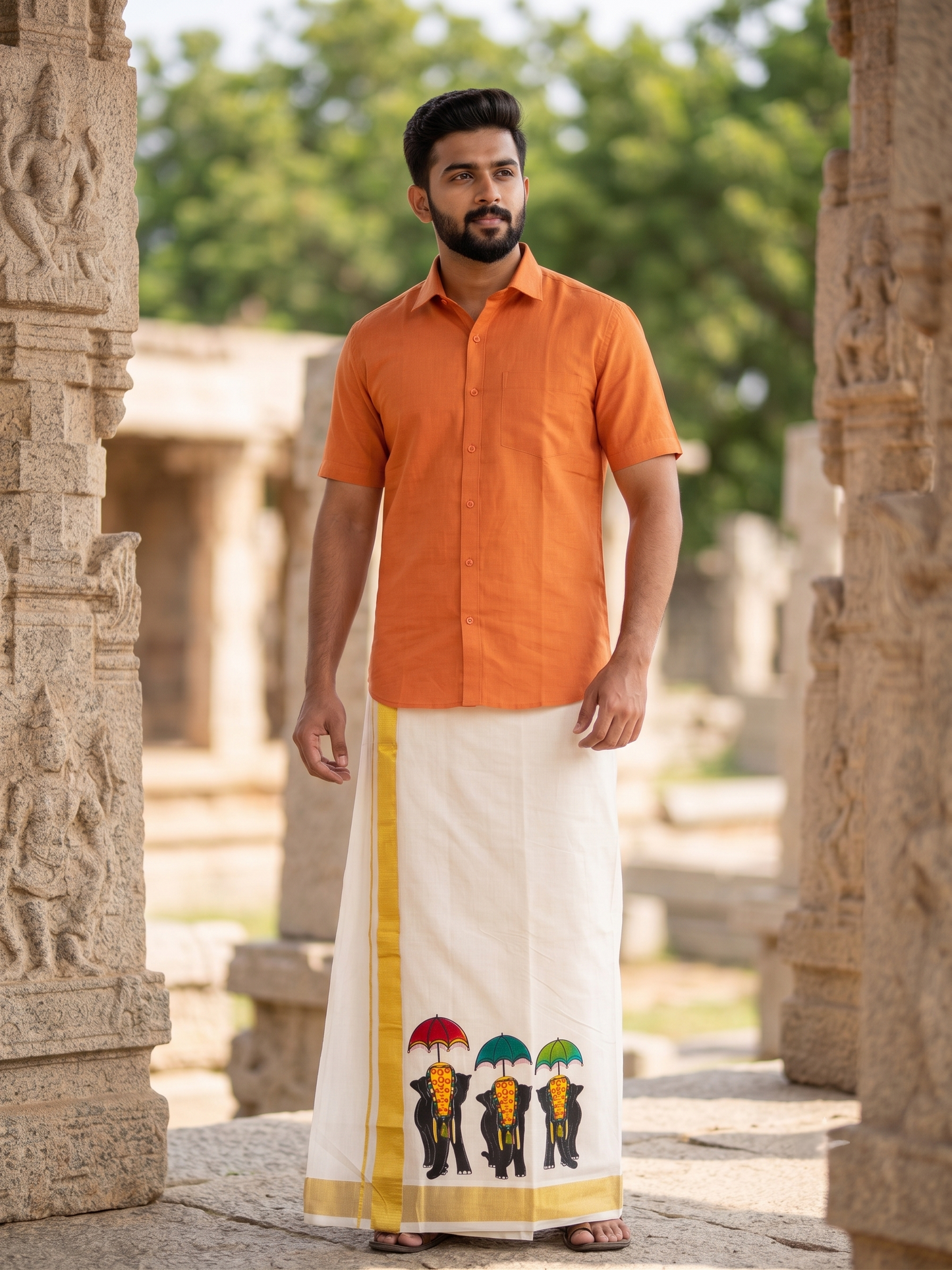 Southloom Kerala Cotton Elephant Digital Printed Double Mundu (South Indian Kerala Dhoti) SL567
