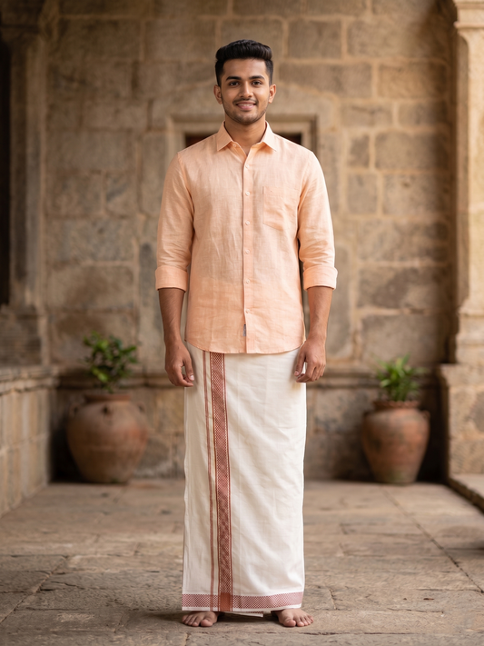 Southloom Kerala Pure Cotton Double Mundu with Orange Border (South Indian Dhoti)
