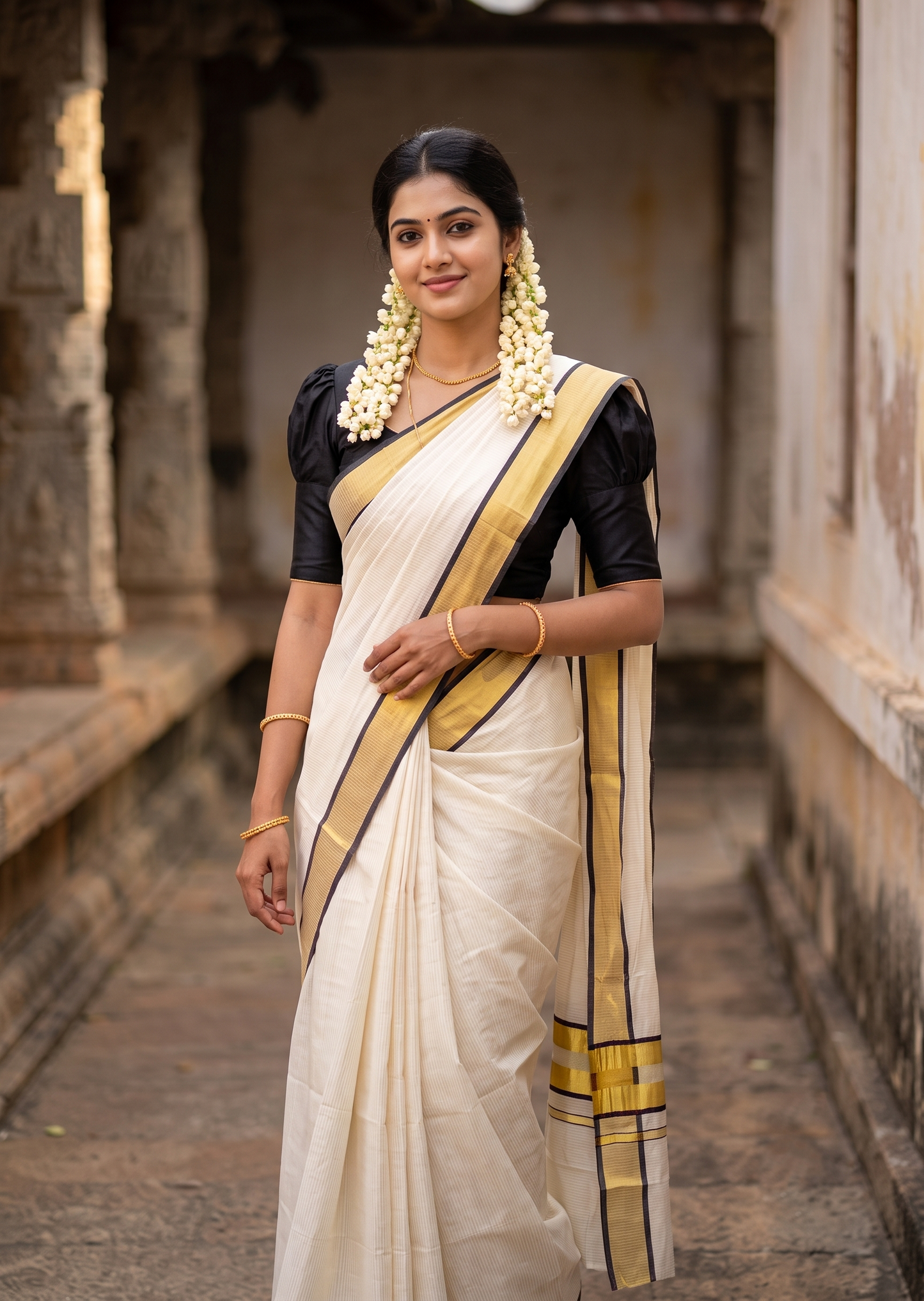 Southloom Kerala Cotton Kasavu Saree with Micro Stripes on Body In Black Border SL361