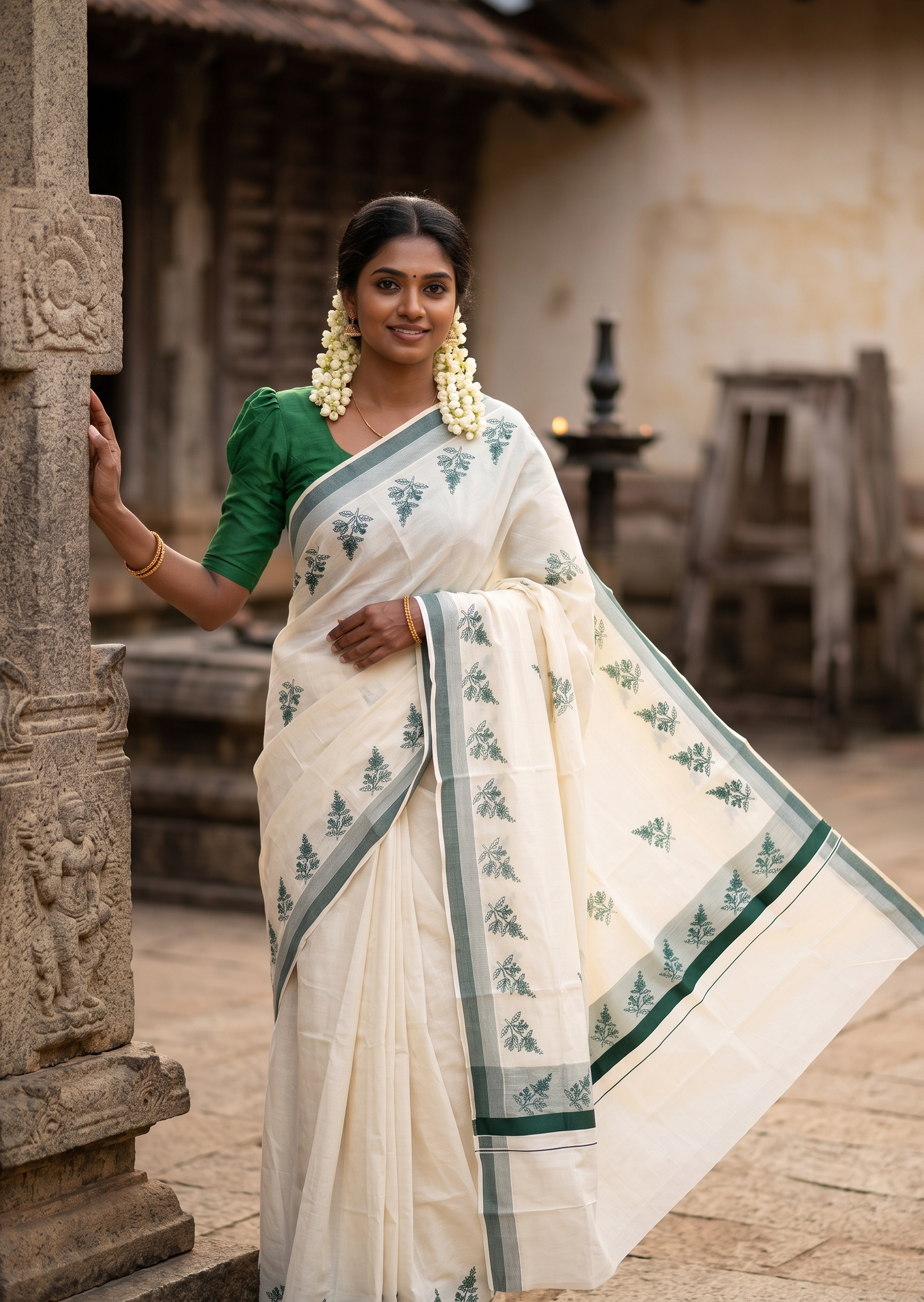 Southloom Cotton Kerala Kasavu Saree with Digital Print on Body with in Green SL533