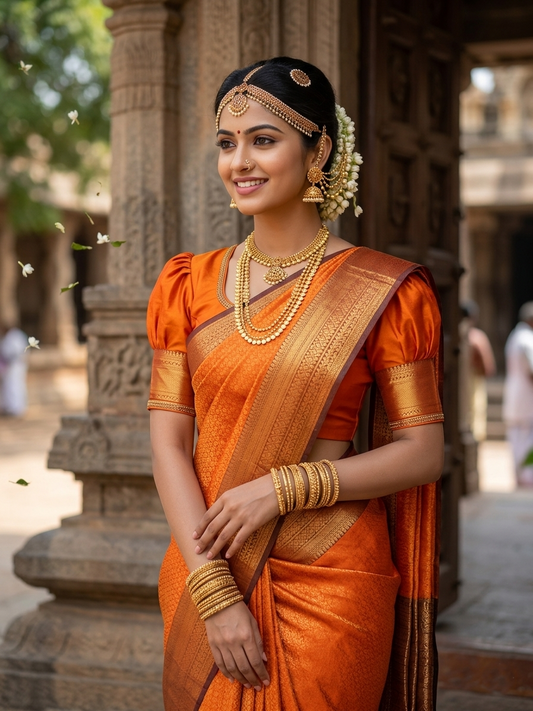 Southloom Premium Semi Silk Zari Work Brocade Saree in Bridal Orange with Matching Pallu