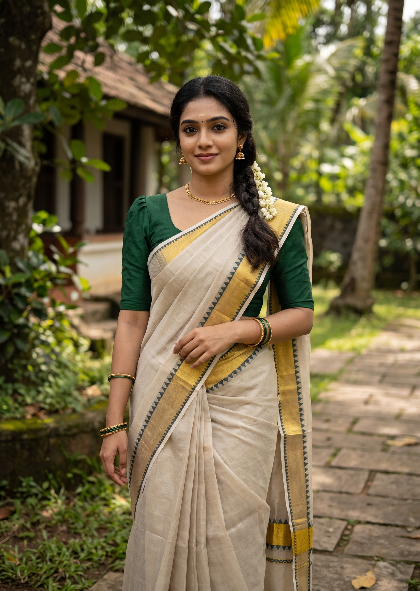 Southloom Kerala Tissue Kasavu Plain Saree with Green Temple Border SL456