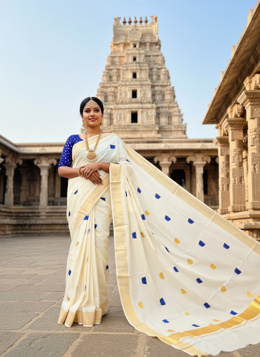 Southloom Kerala Cotton Kasavu Line Saree with Blue Lotus Embroidery Works