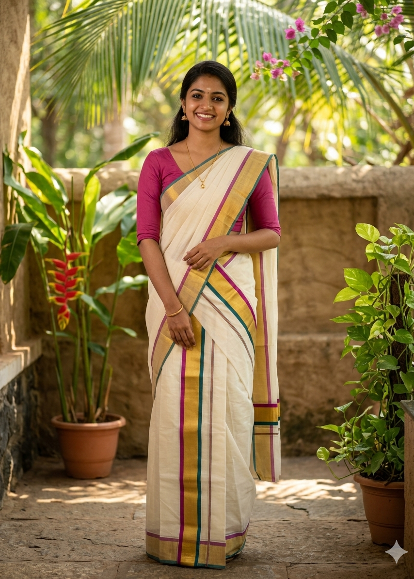 Kerala Cotton Kasavu Single Set Mundu with Magenta and Green Kasavu Border in (2.80 Mtrs) SL404