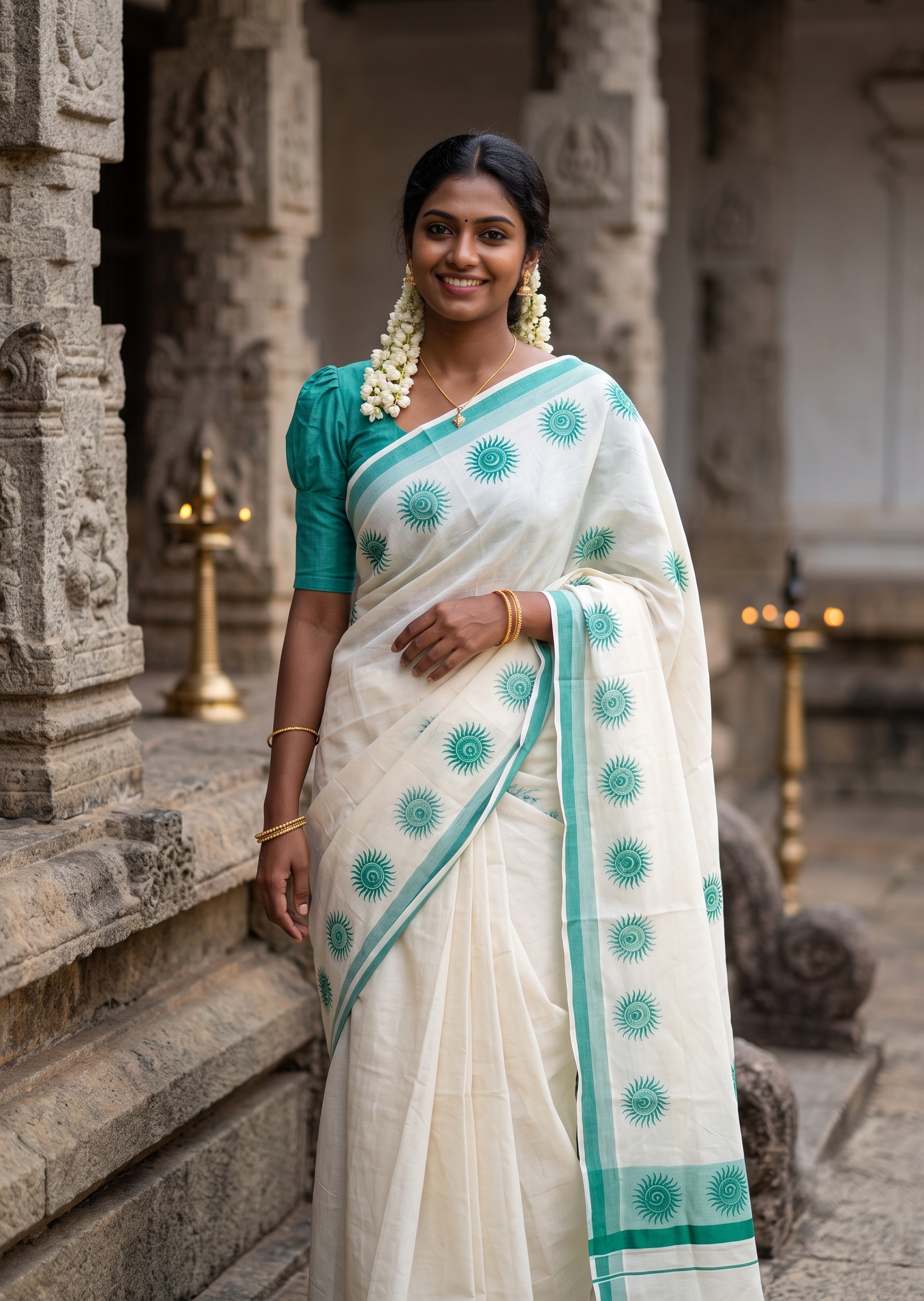 Southloom Cotton Kerala Kasavu Saree with Digital Print on Body with in Peacock Green SL533
