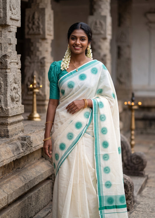 Southloom Cotton Kerala Kasavu Saree with Digital Print on Body with in Peacock Green SL533