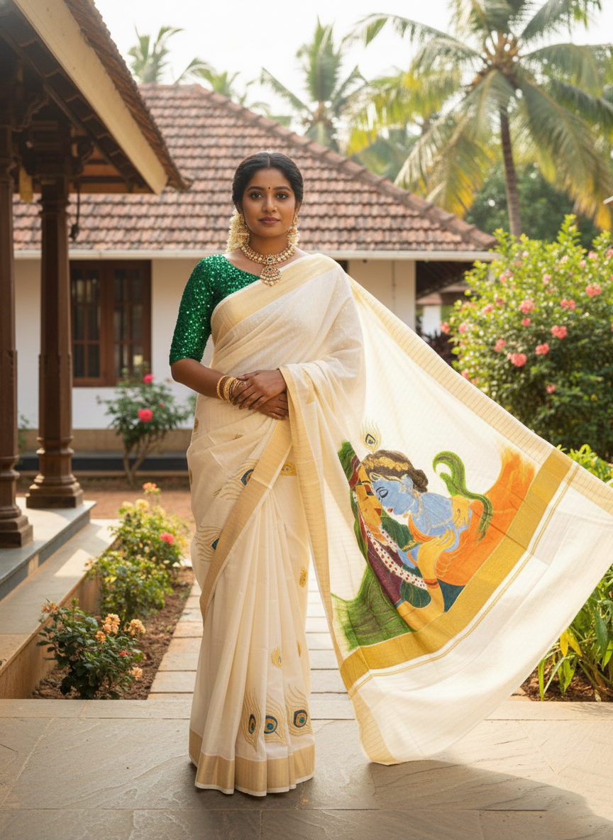 Southloom Cotton Kerala Kasavu Saree with Hand Painted Embroidery Krishna & Yashodha Design
