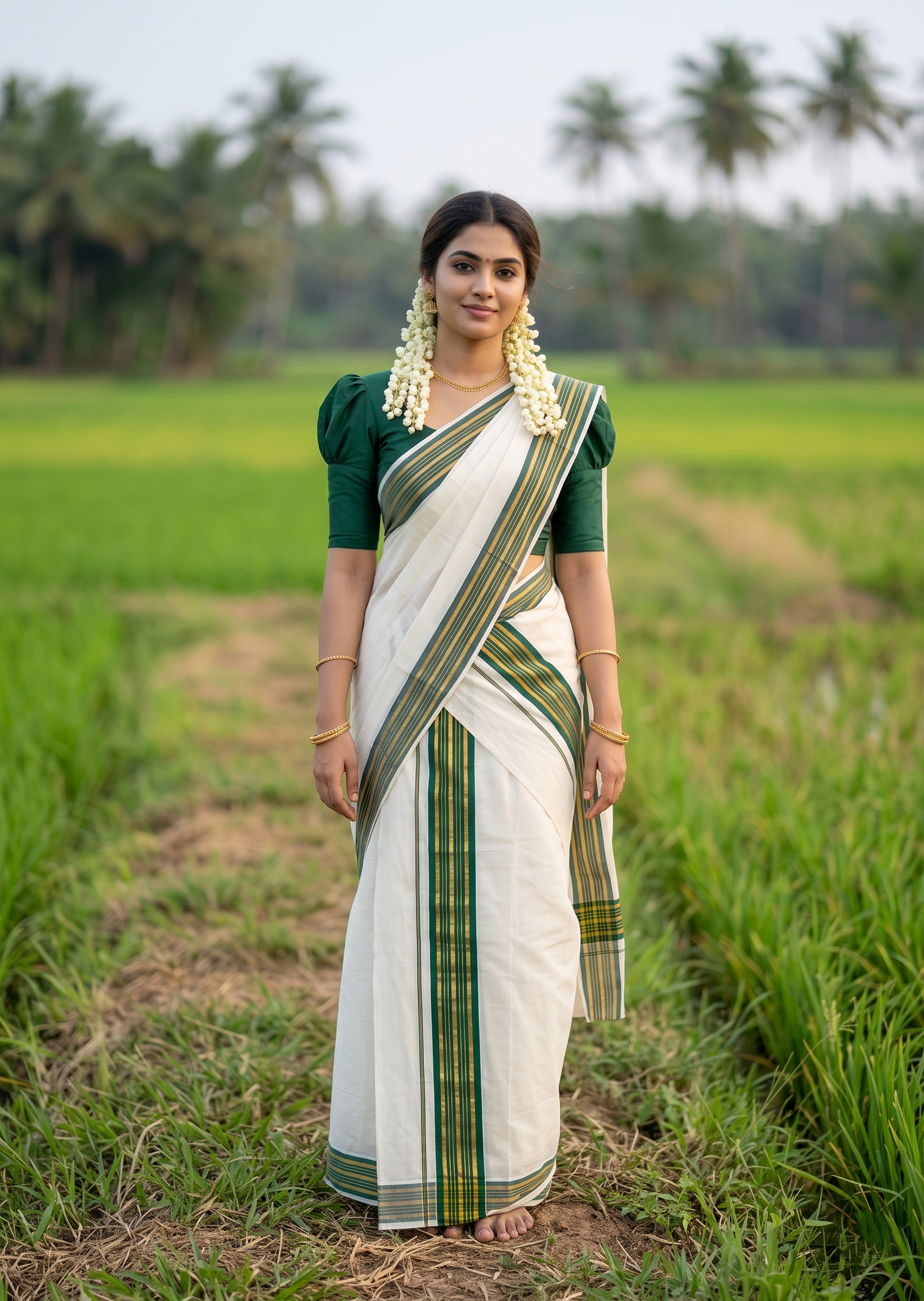 Southloom Kerala Cotton Set Mundu (Mundum Neriyathum) with Kasavu and Green Border 2.80 Mtrs SLKK