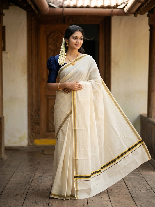Kerala Pure Cotton Plain Saree with Kasavu and Navy Blue Border