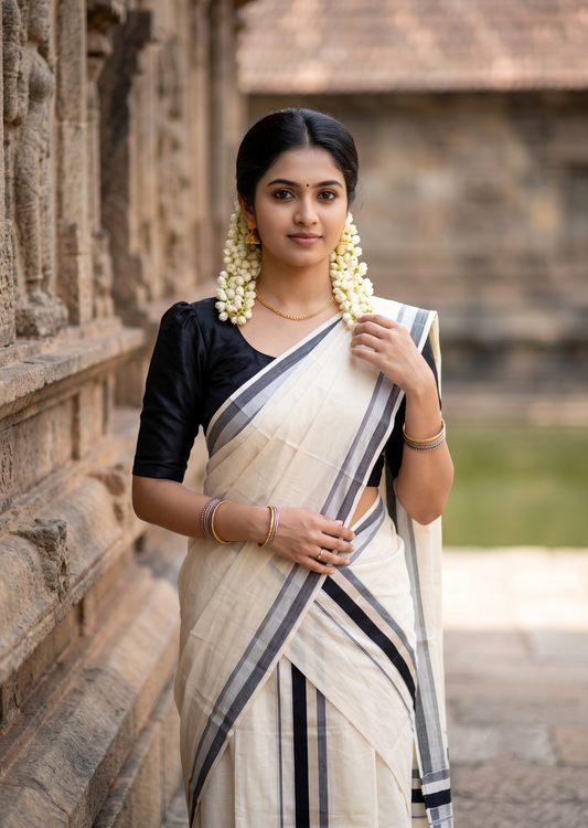 Southloom Kerala Cotton Mundum Neriyathum Single (Set Mundu) with Silver Kasavu and Black Border 2.80 Mtrs SLKK SL525