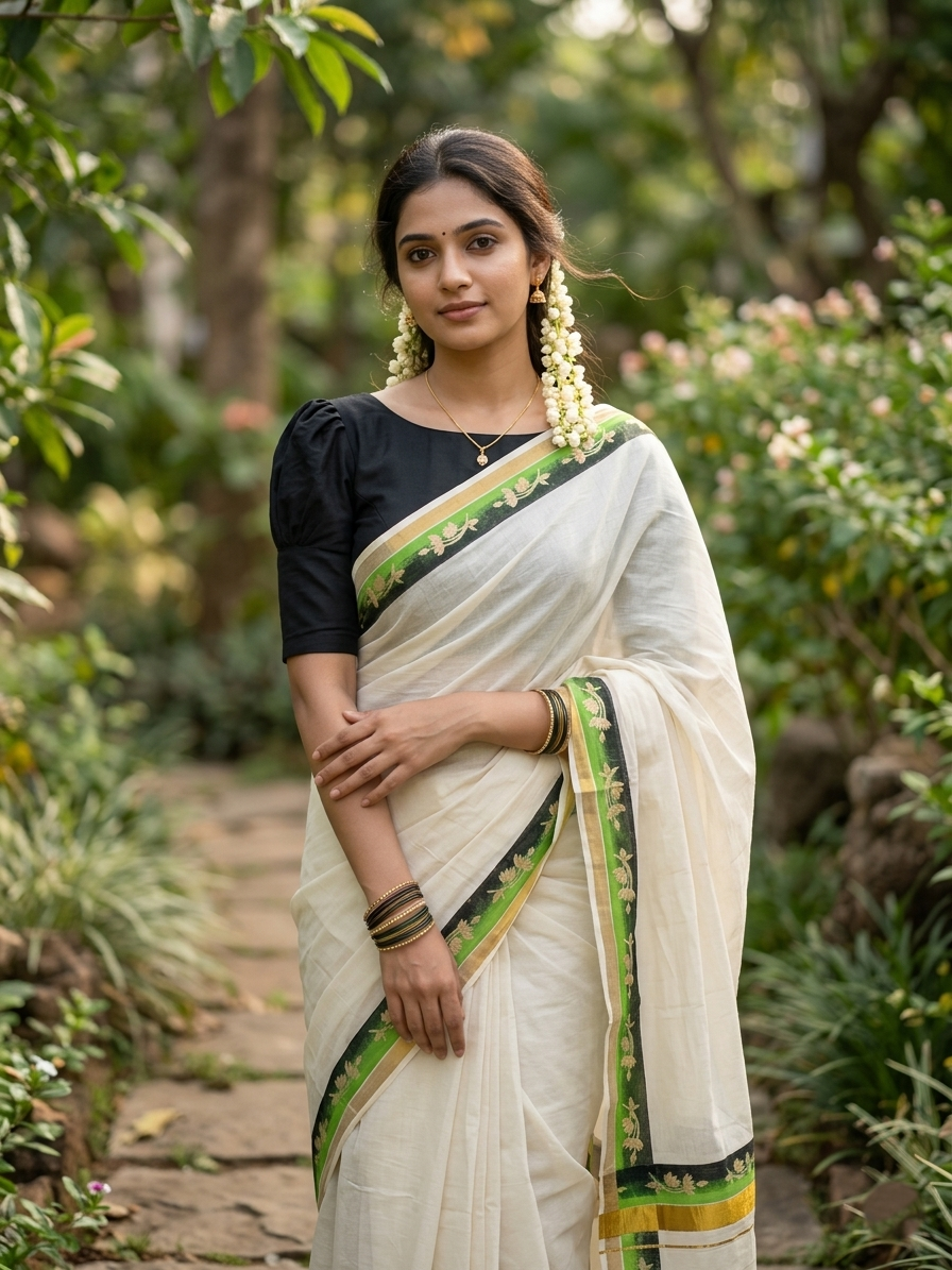 Southloom Cotton Kerala Kasavu Saree with Green and Black  Hand Painted