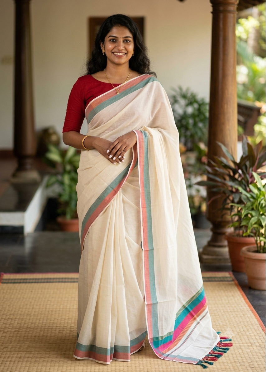 Kerala Cotton Kasavu Saree With Green And Red Borders SL499