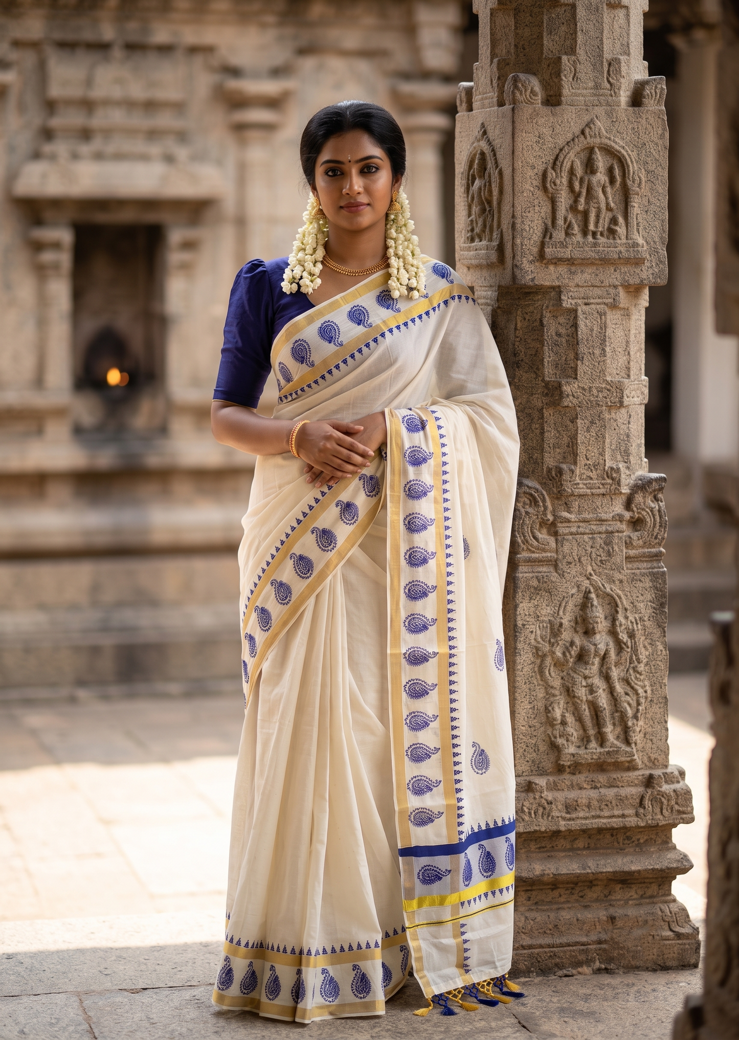 Southloom Cotton Kerala Kasavu Saree with Digital Print on Body With Temple Borders in Blue SL519