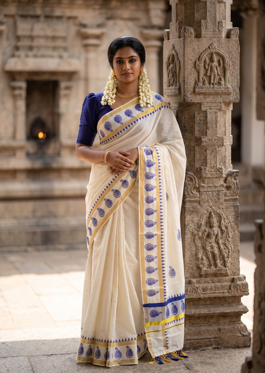 Southloom Cotton Kerala Kasavu Saree with Digital Print on Body With Temple Borders in Blue SL519