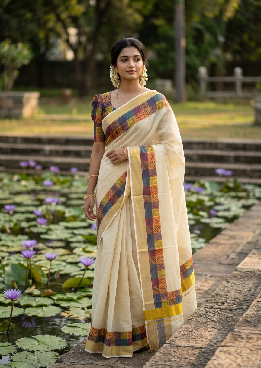 Southloom Kerala Tissue Kasavu Saree in Madras Check Design SL600