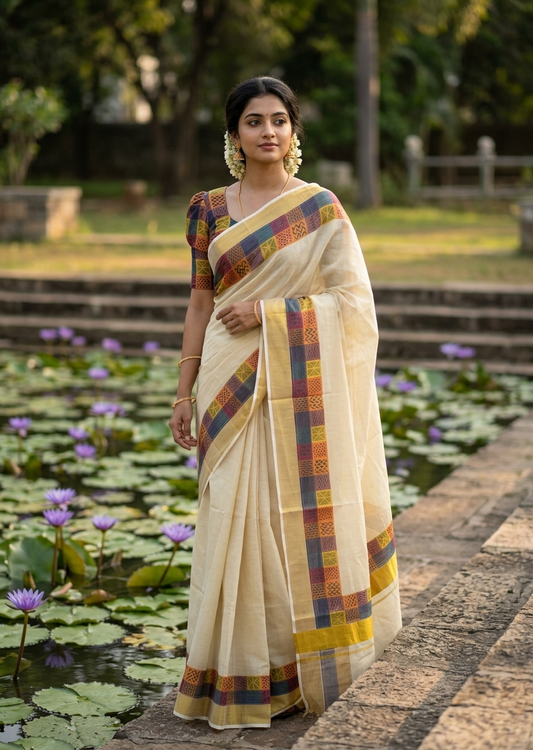 Southloom Kerala Tissue Kasavu Saree in Madras Check Design SL600