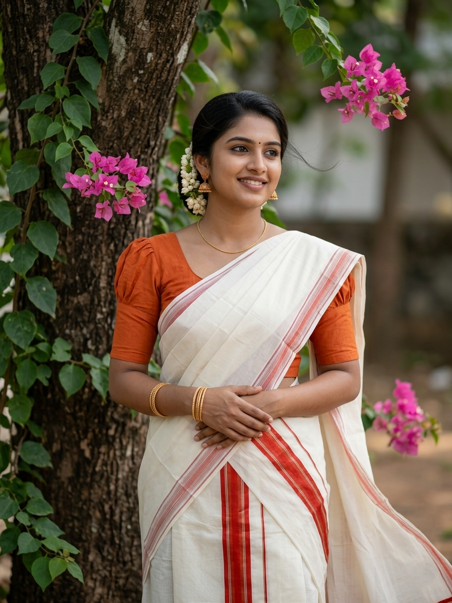 Kerala Cotton Mundum Neriyathum Single (Set Mundu) with Orange and Silver Kasavu Border 2.80 Mtrs