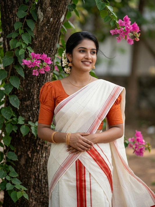 Kerala Cotton Mundum Neriyathum Single (Set Mundu) with Orange and Silver Kasavu Border 2.80 Mtrs