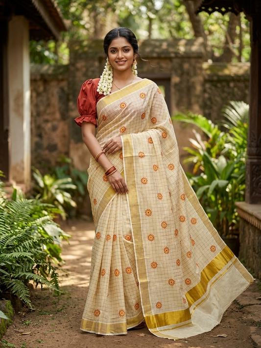 Southloom Kerala Tissue Kasavu Check Saree with Red and Gold Floral Embroidery Design on Body