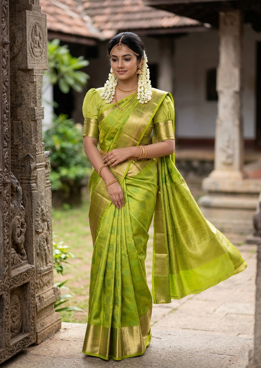 Southloom Pure Handloom Bridal Kanchipuram Silk Saree with Korvai Work (Green)