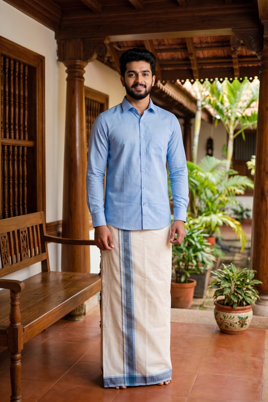 Southloom Premium Handloom Cotton Double Mundu with Blue And Black Lines Border