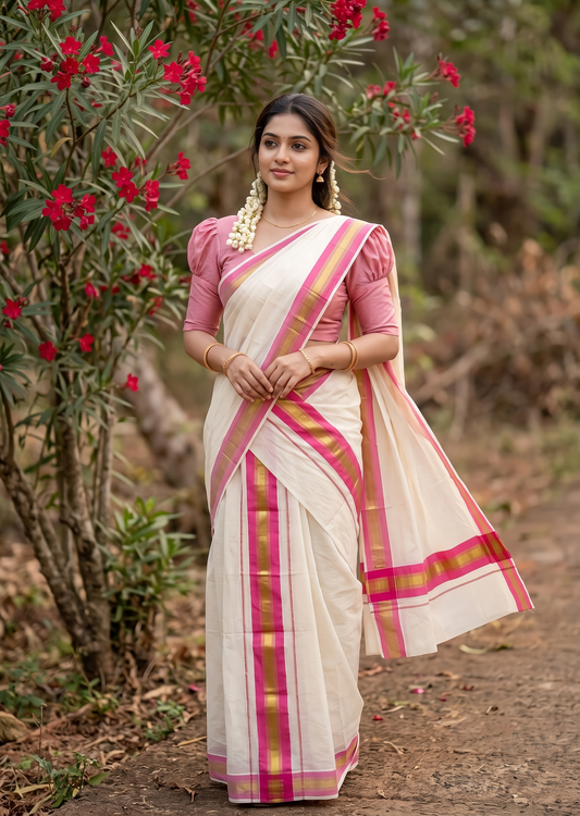 Kerala Cotton Set Mundu (Mundum Neriyathum) with Kasavu and pink Border in 2.80 Mtrs SLKK SL470