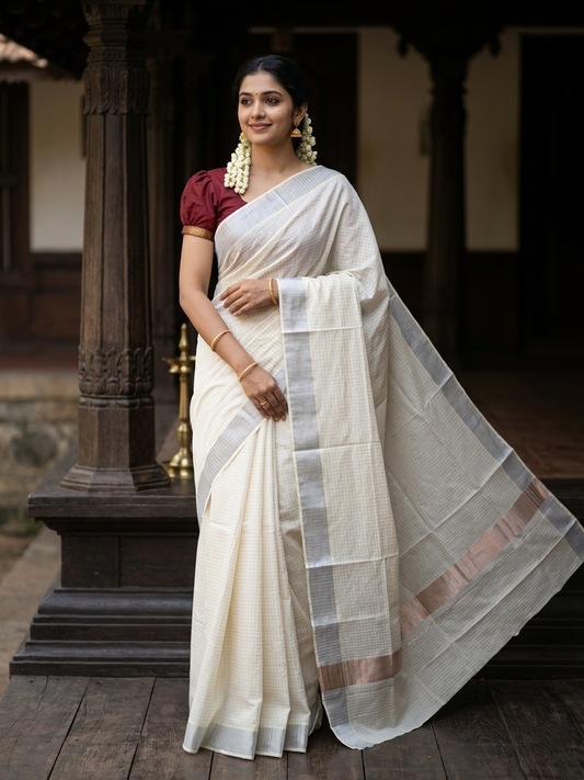 Pure Cotton Kerala Kasavu Saree with Half Fine Silver Kasavu Lines Across Body SL333