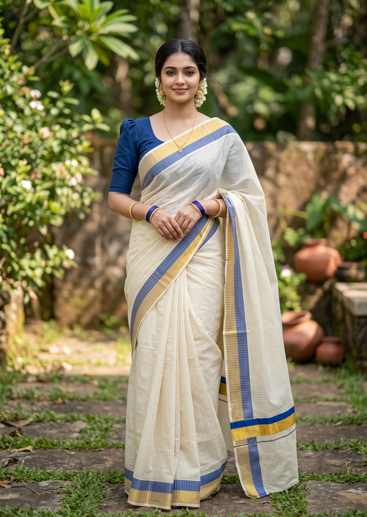 Southloom Pure Cotton Kerala Saree with Gold Kasavu Lines Across Body and  Blue Border