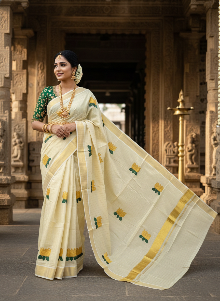 Southloom Kerala Tissue Kasavu Lines Saree with Gold and Green Lotus Embroidery Works