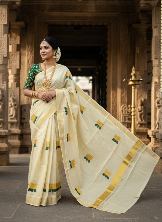Southloom Kerala Tissue Kasavu Lines Saree with Gold and Green Lotus Embroidery Works