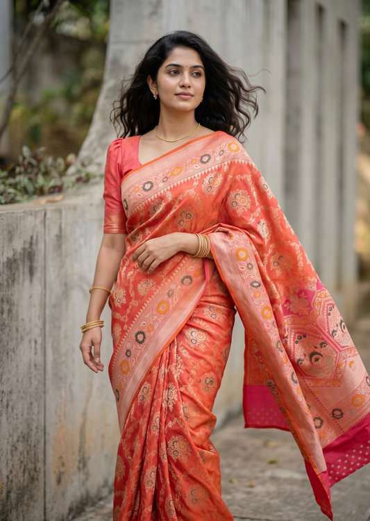 Southloom Pure Banarasi Silk Saree with Woven Work on Body and Borders (Pink & Orange)