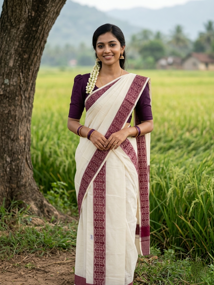 Kerala Cotton Single Set Mundu (Mundum Neriyathum) with Purple Block print Border 2.80Mtrs