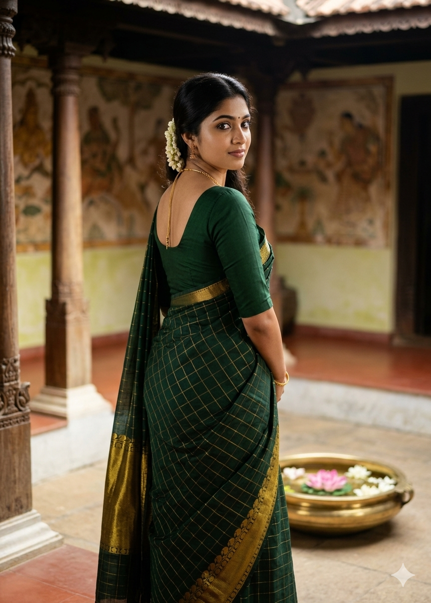 Southloom Semi Silk Saree with Check on Body in Bottle Green SL386