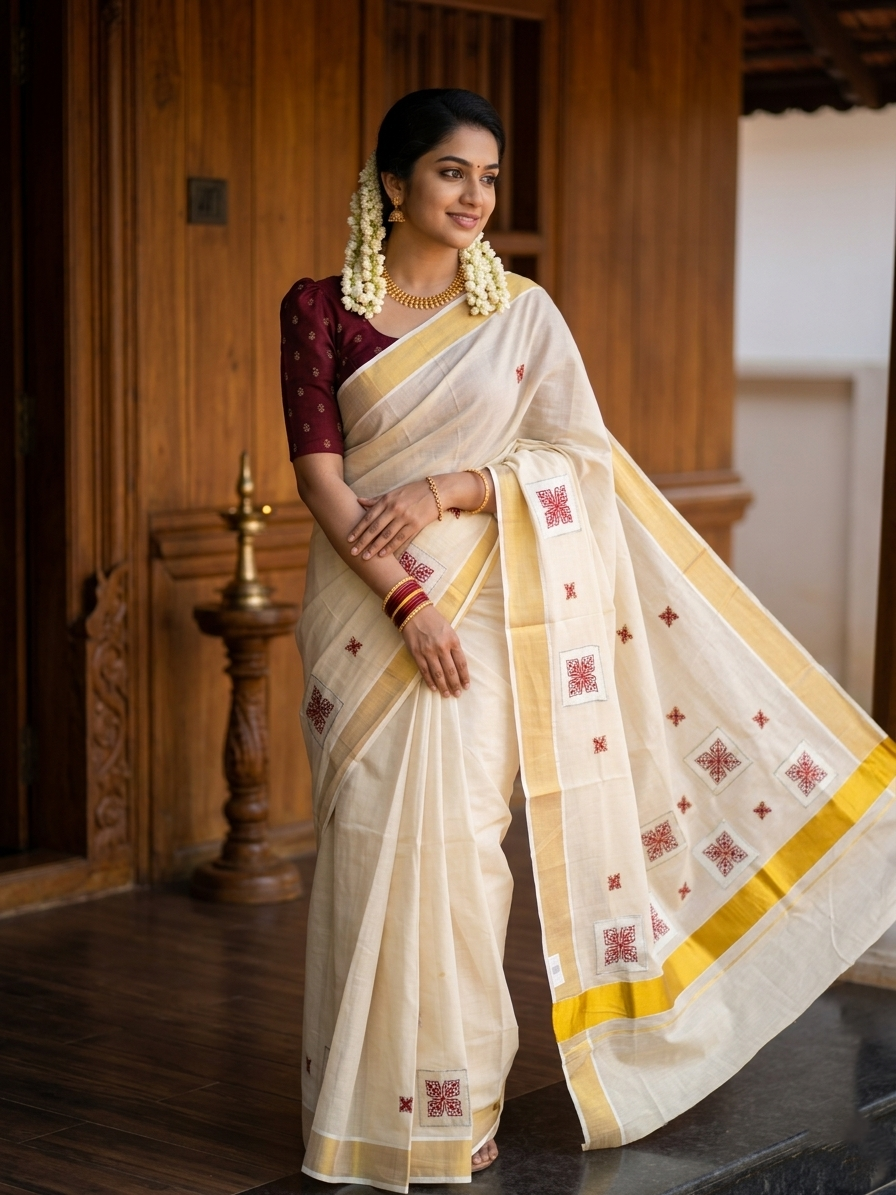 Southloom Kerala Tissue Kasavu Saree with Red Appliq Work