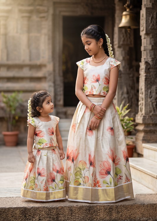 Southloom Kerala Tissue Kasavu  Digital Floral Printed Pavada & Blouse with for Kids SL604