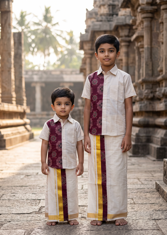 Southloom Tissue Ajrakh Printed Kids's Combo (Shirt + Velcro Mundu) SLKCOMBO SL611
