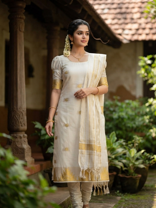 Southloom™ Cotton Churidar Salwar Suit Unstiched Material with Woven Design in Temple Border  (include Lines Shawl / Dupatta) SL601